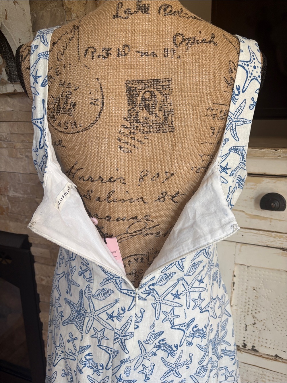Avec Les Filles linen blend fit and flare mini dress coastal starfish blue white - Picture 12 of 16